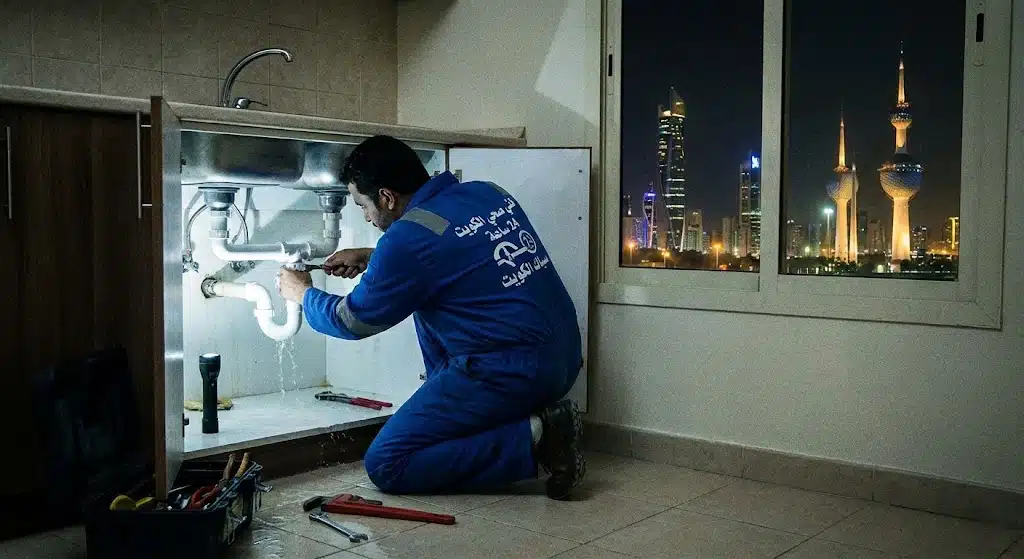 فني صحي يقوم بصيانة في الكويت مع إطلالة الأبراج.