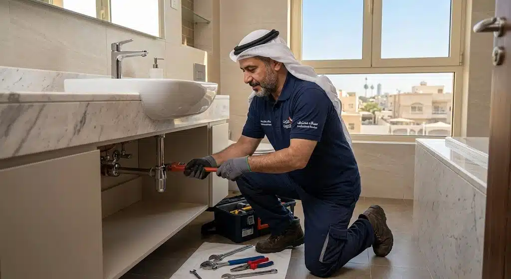 فني صحي الكويت أثناء إصلاح تسريب ماء في تمديدات منزلية